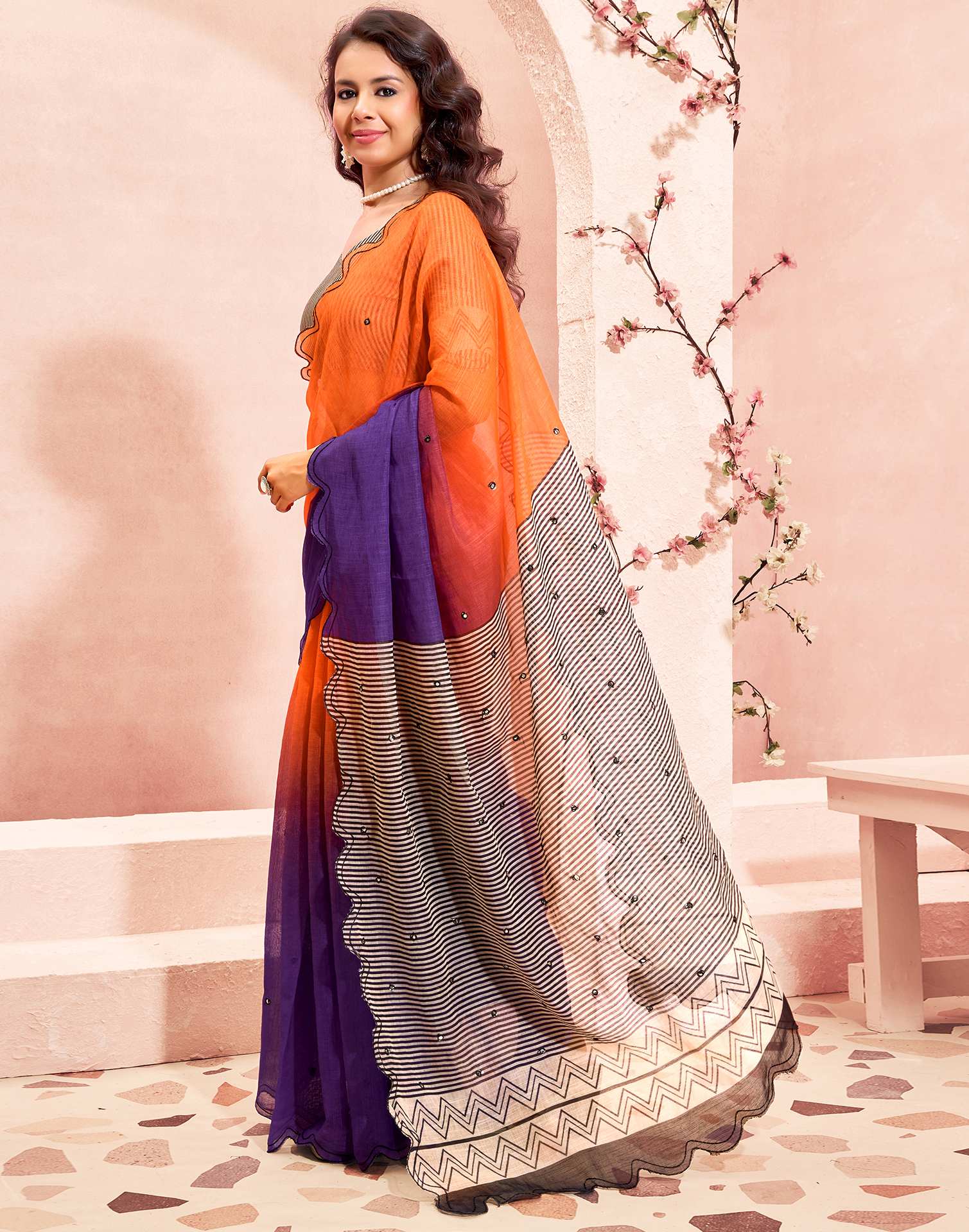 Orange Linen Printed Saree