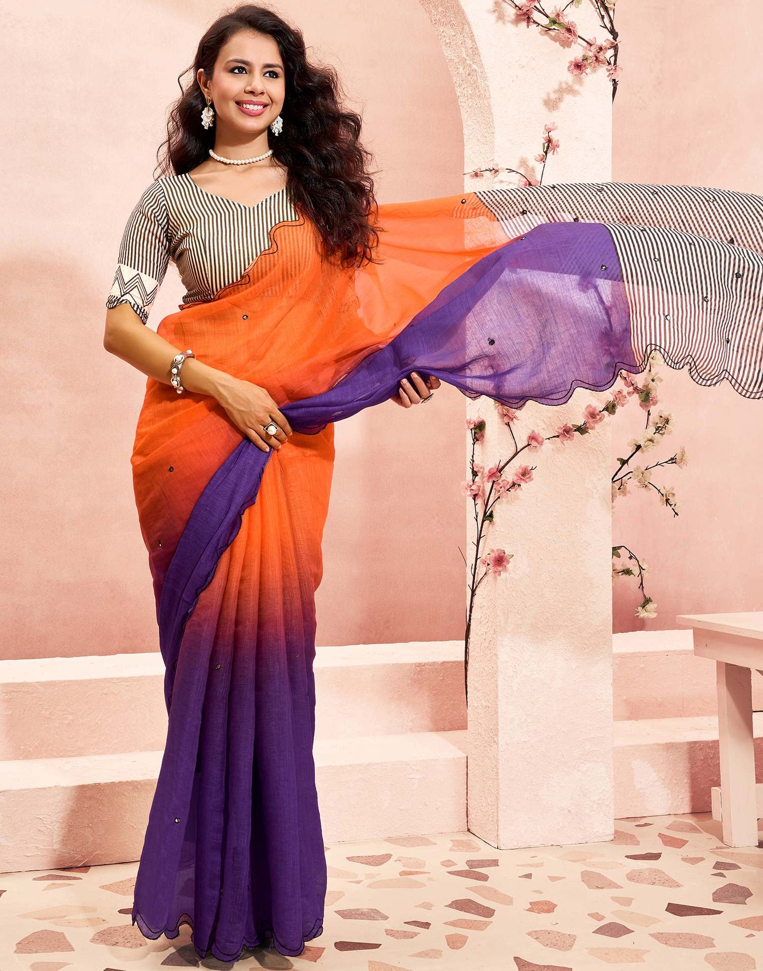 Orange Linen Printed Saree