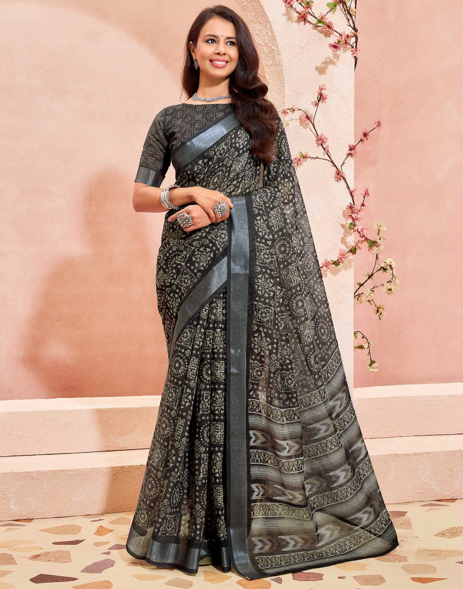 Black Linen Printed Saree
