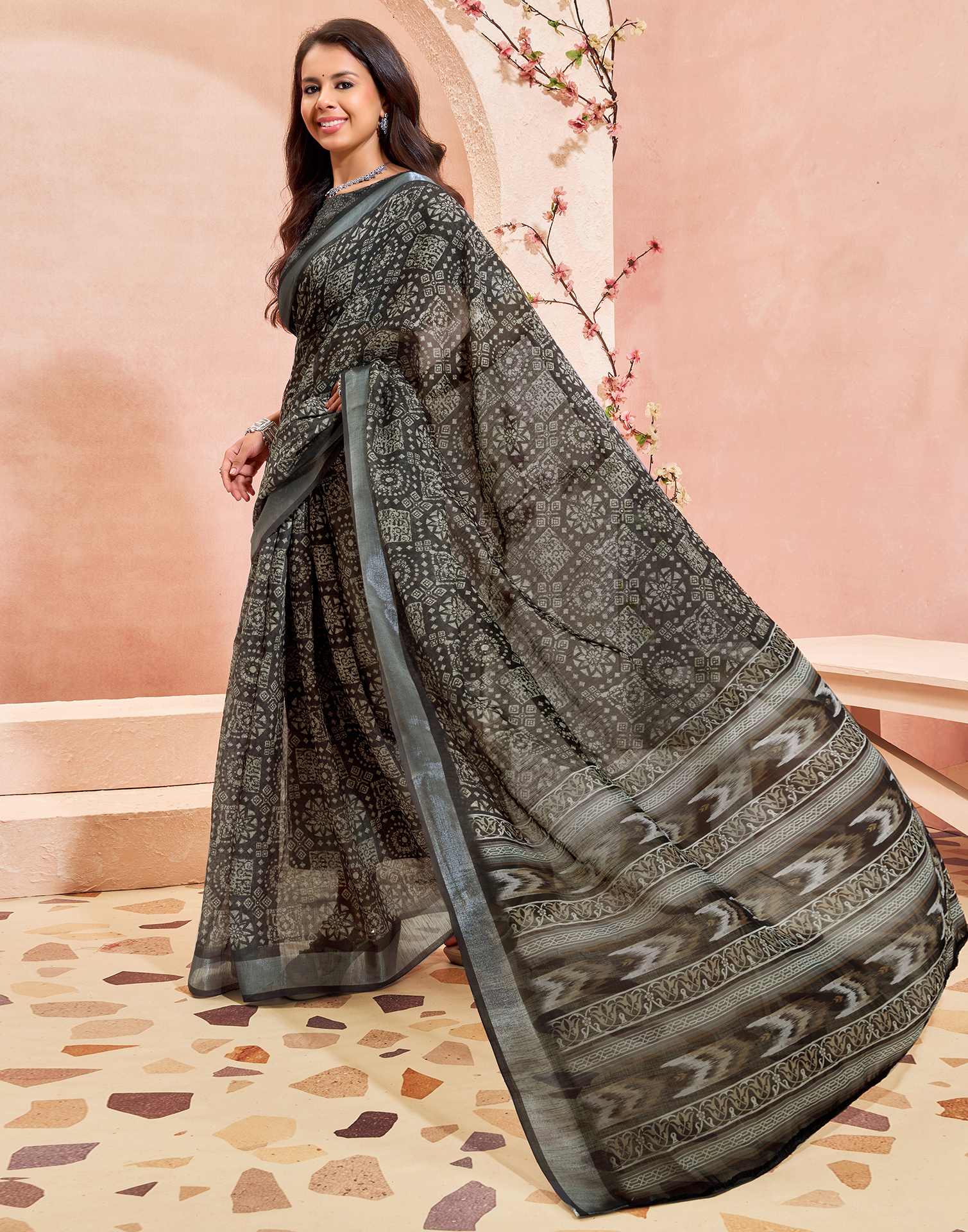 Black Linen Printed Saree