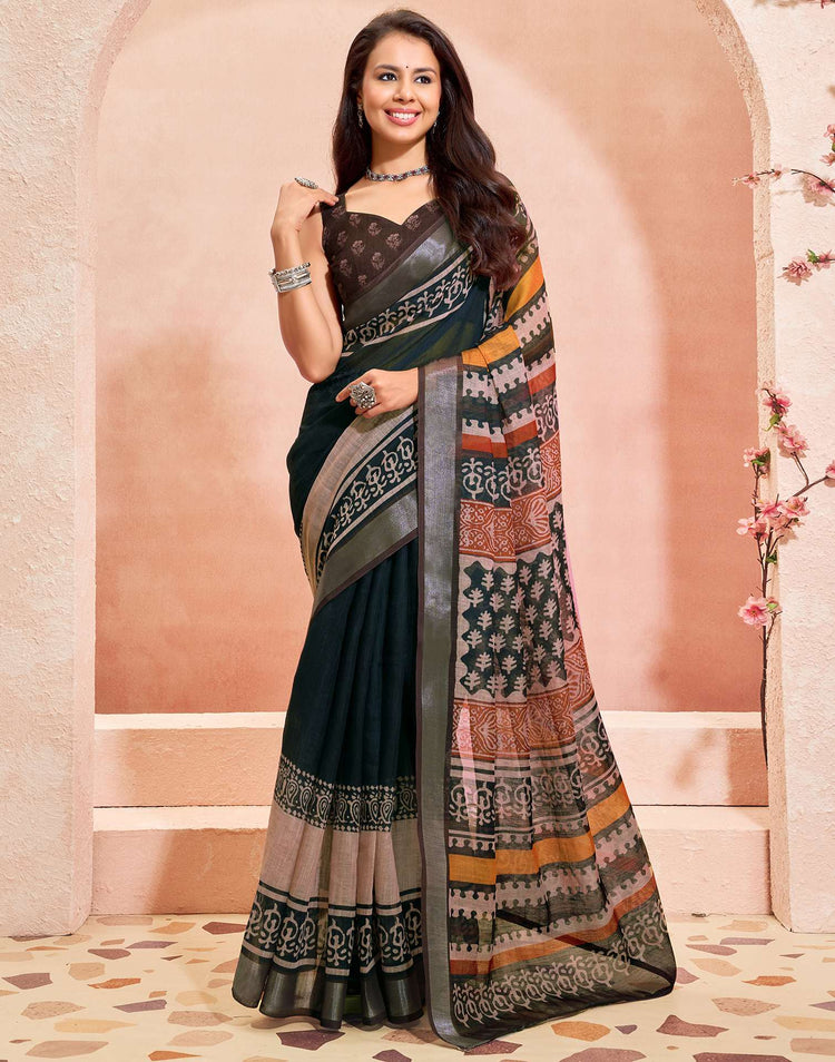 Black Linen Printed Saree