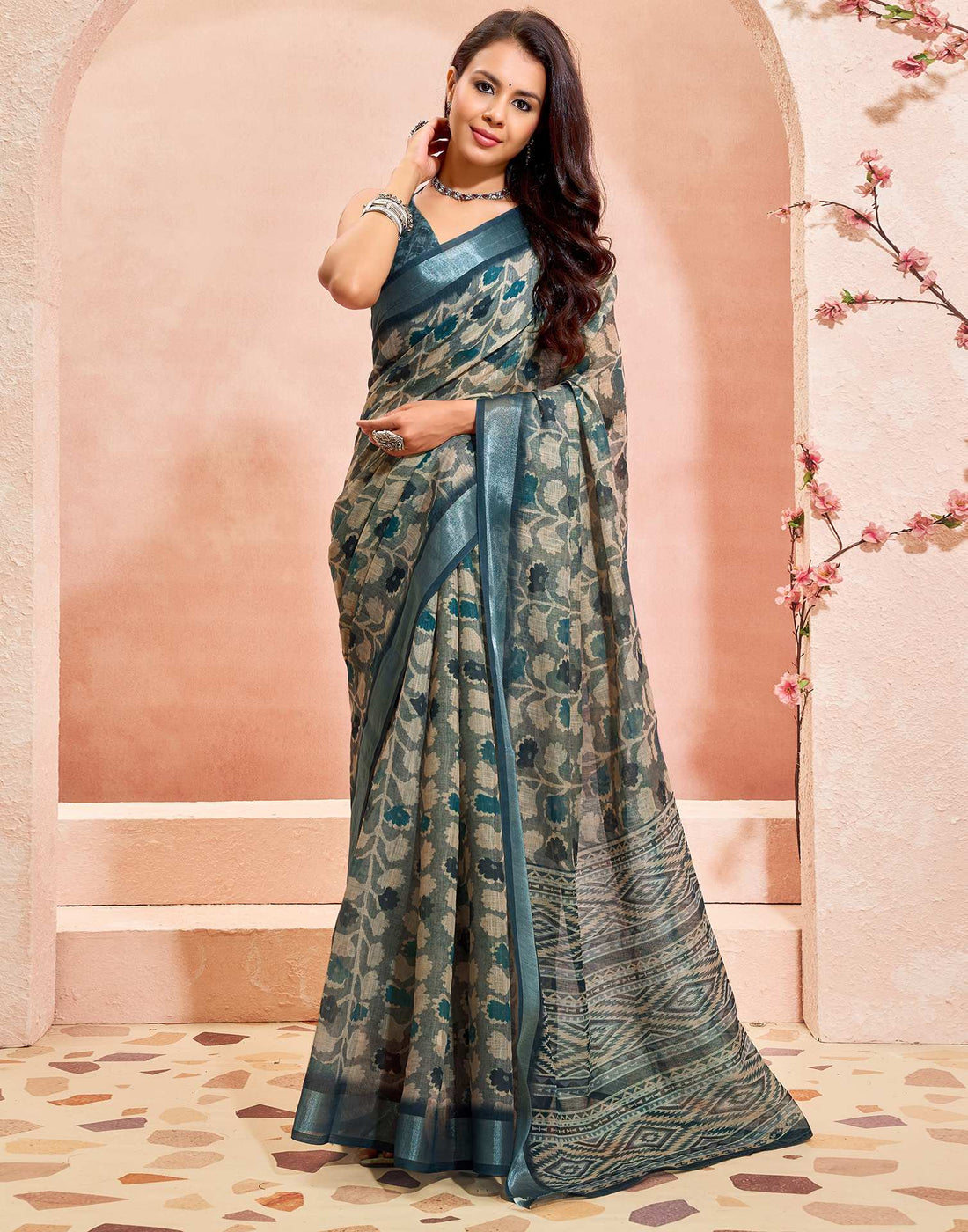 Grey Linen Printed Saree