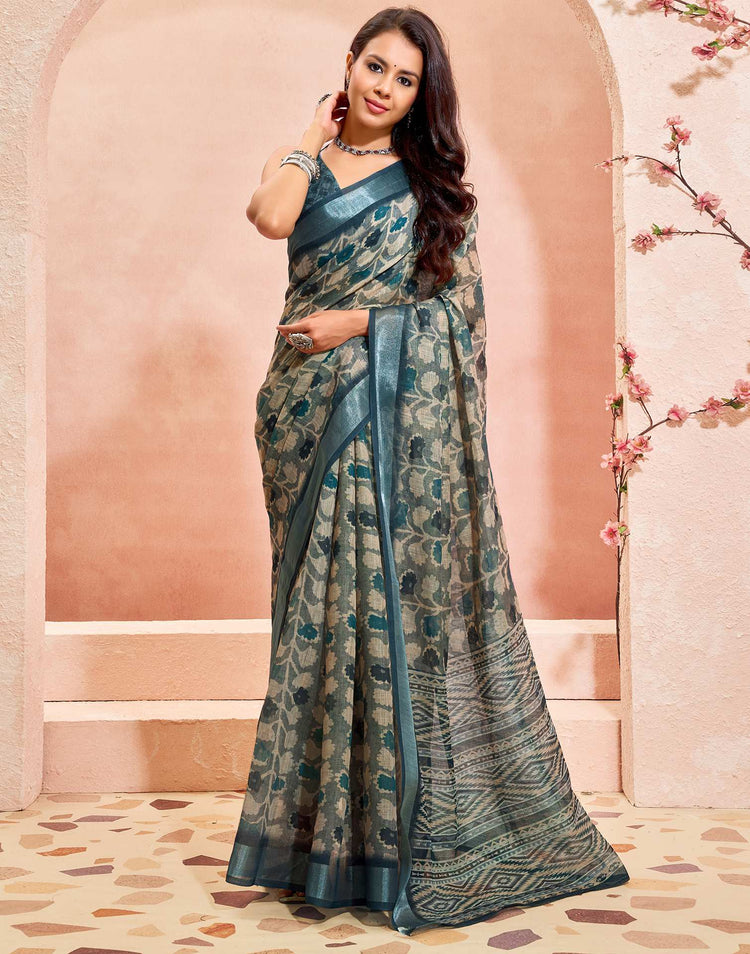 Grey Linen Printed Saree