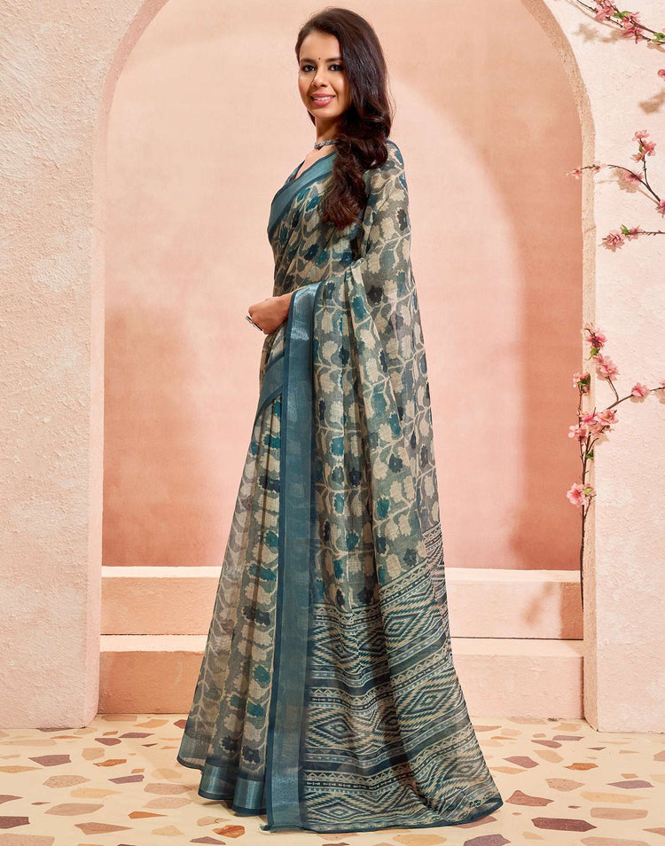 Grey Linen Printed Saree