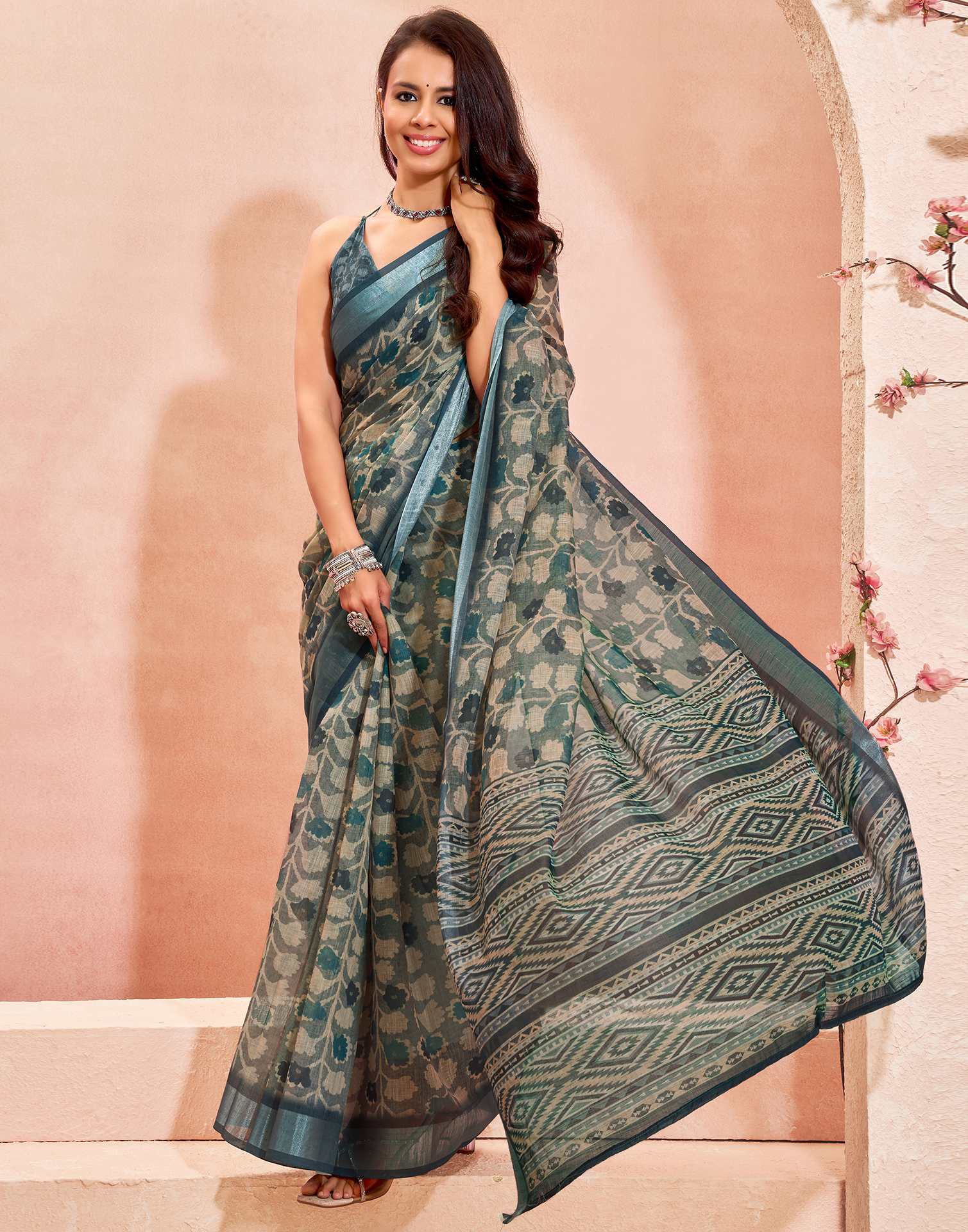 Grey Linen Printed Saree