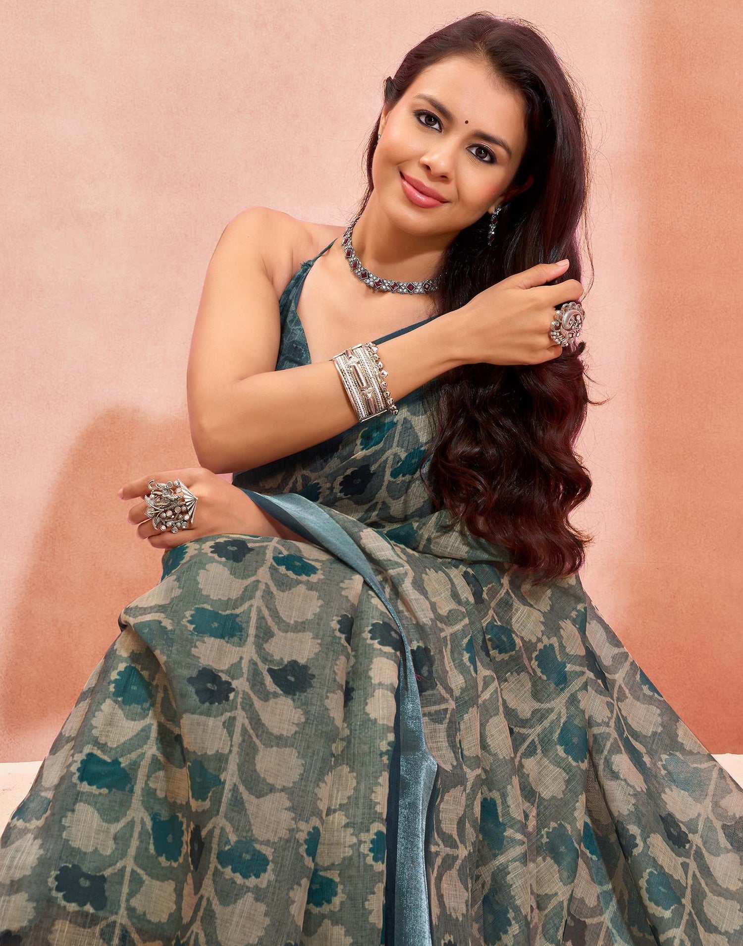 Grey Linen Printed Saree