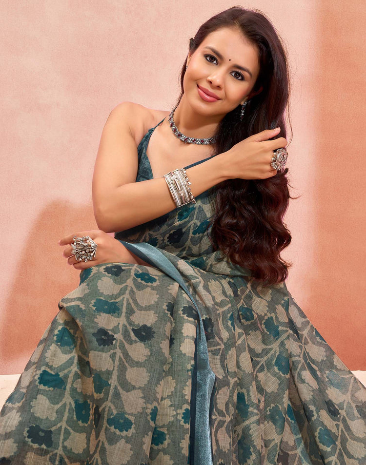 Grey Linen Printed Saree