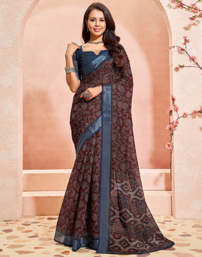 Brown Linen Printed Saree
