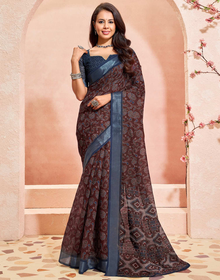 Brown Linen Printed Saree
