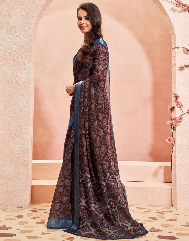 Brown Linen Printed Saree