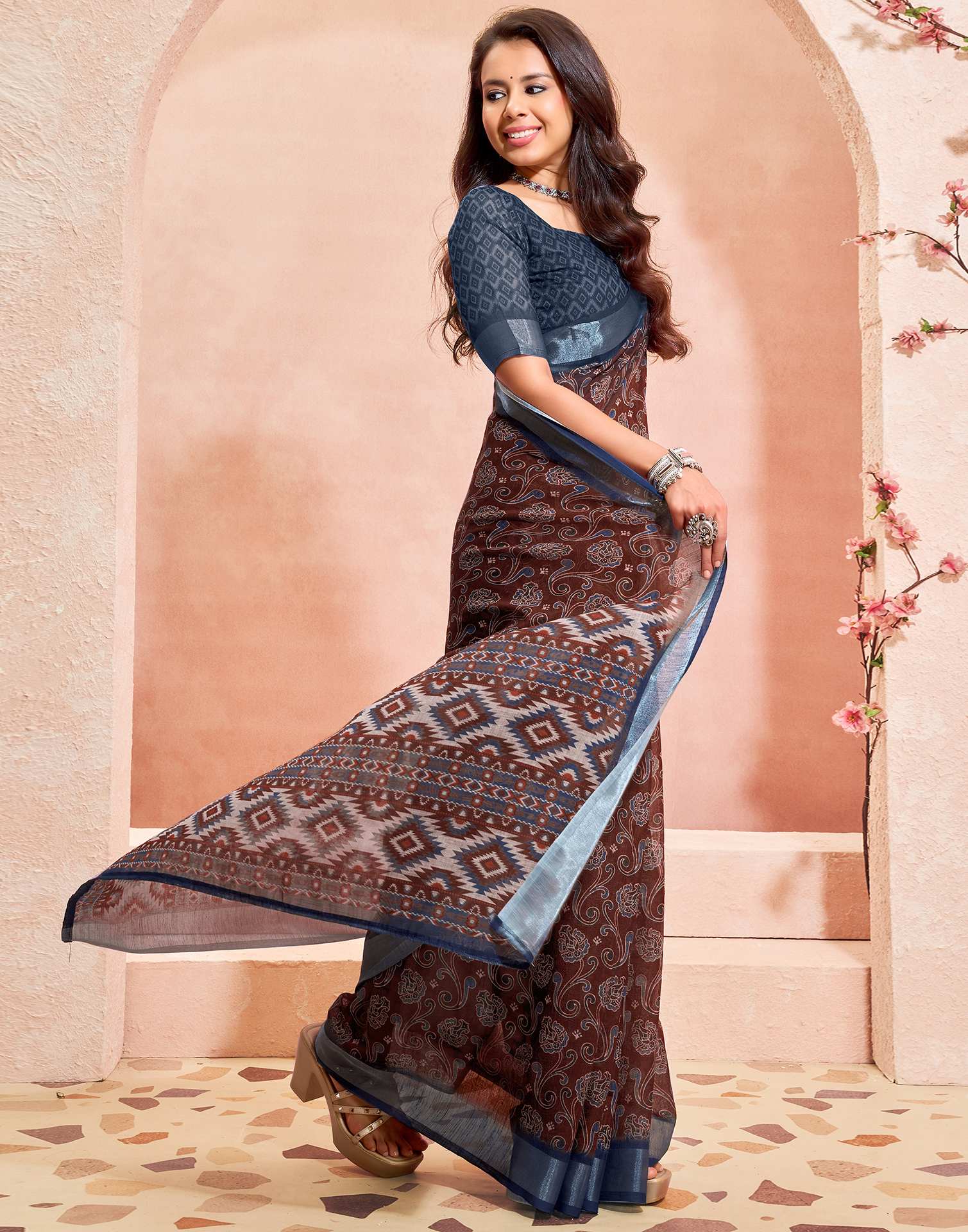 Brown Linen Printed Saree