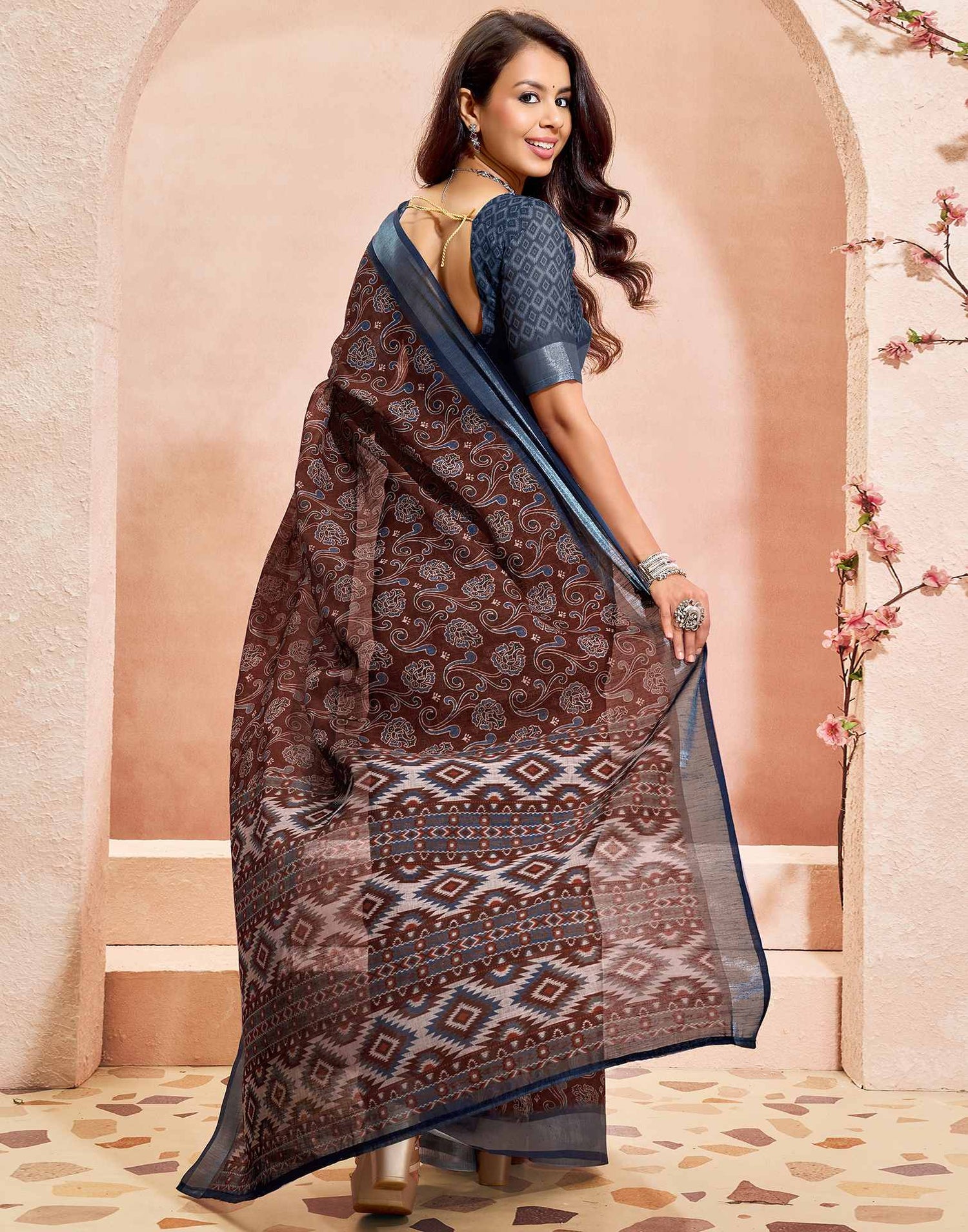 Brown Linen Printed Saree