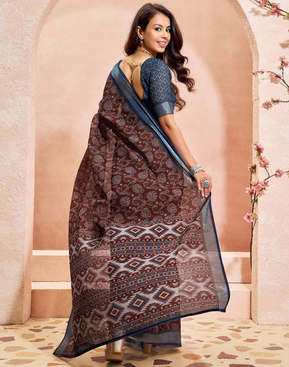 Brown Linen Printed Saree