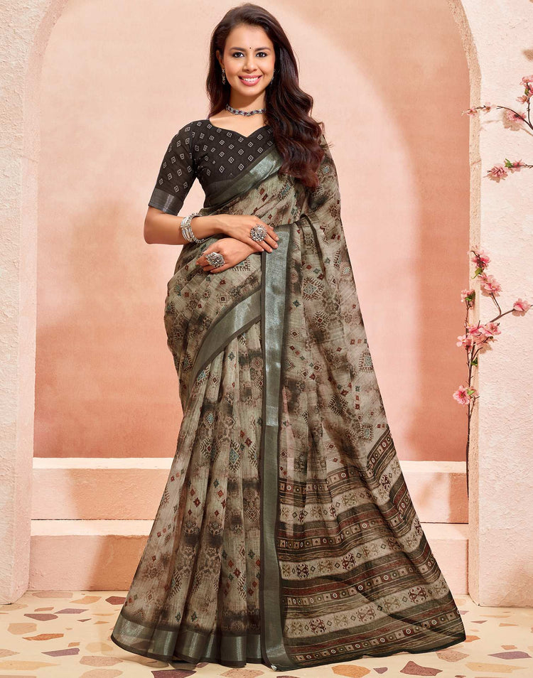 Dusty Beige Linen Printed Saree