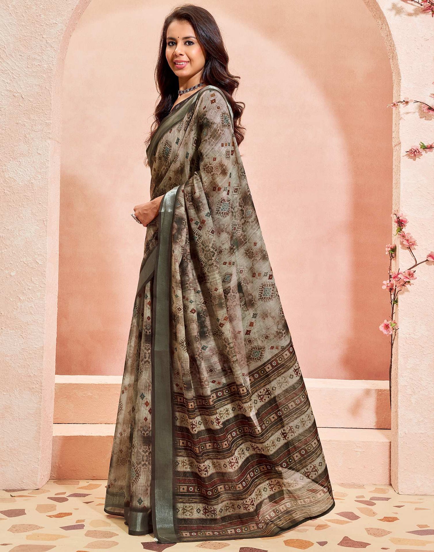 Dusty Beige Linen Printed Saree
