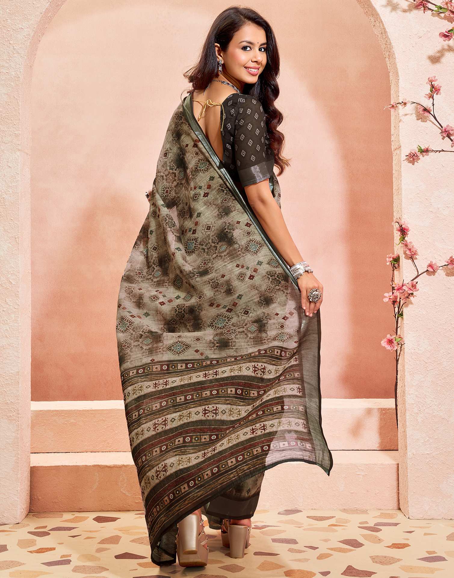 Dusty Beige Linen Printed Saree