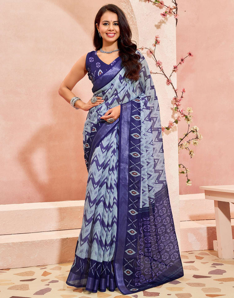 Off White Linen Printed Saree