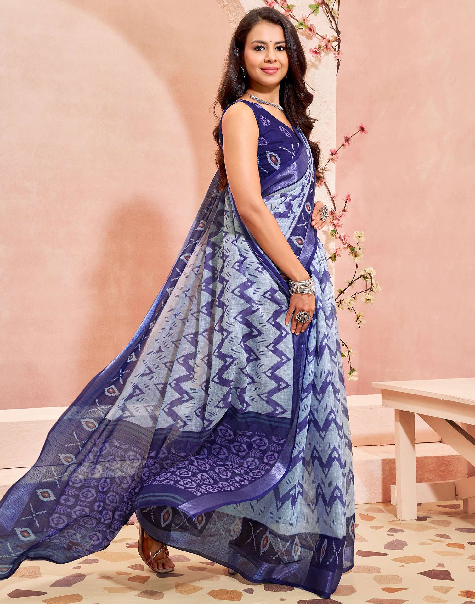 Off White Linen Printed Saree
