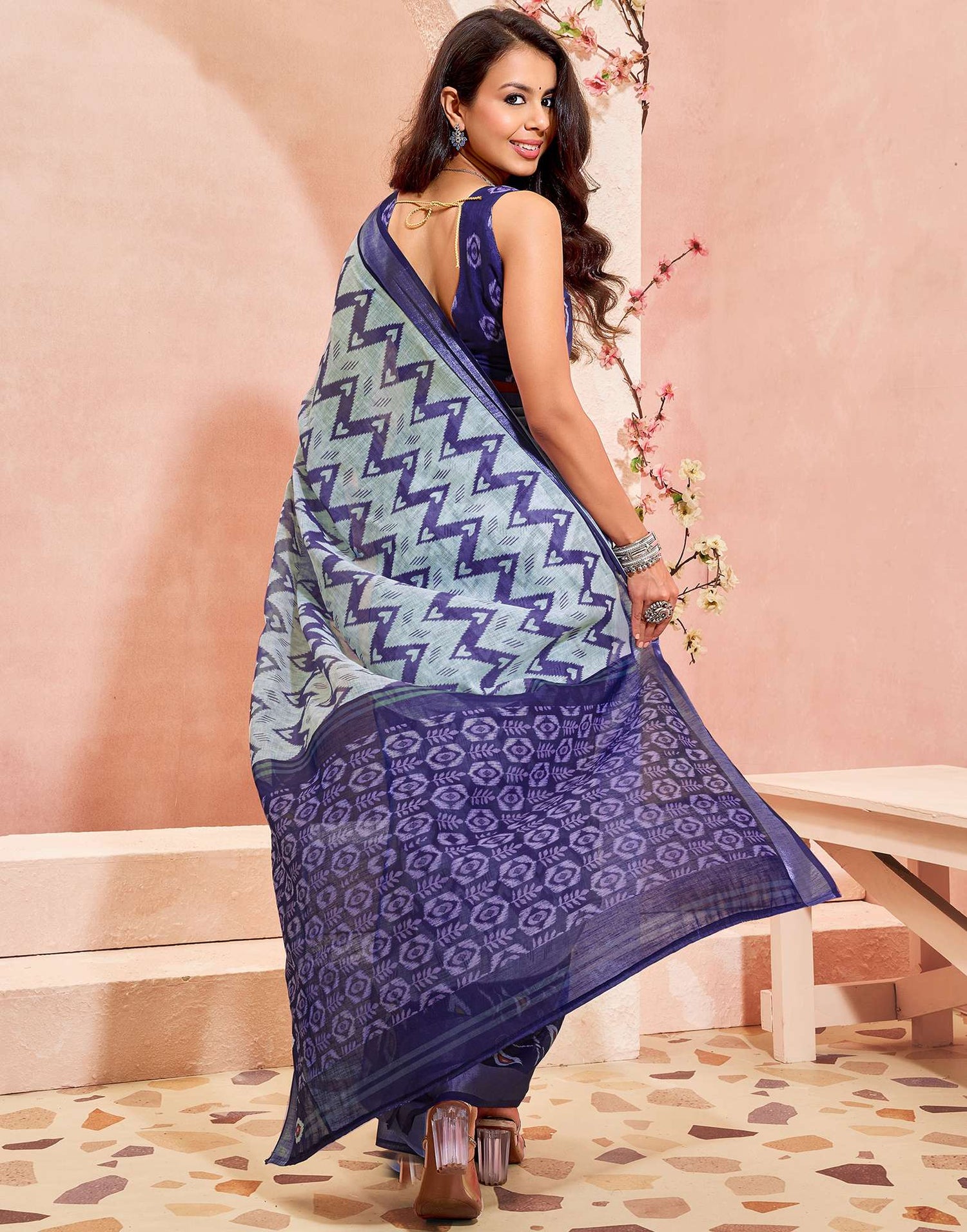 Off White Linen Printed Saree