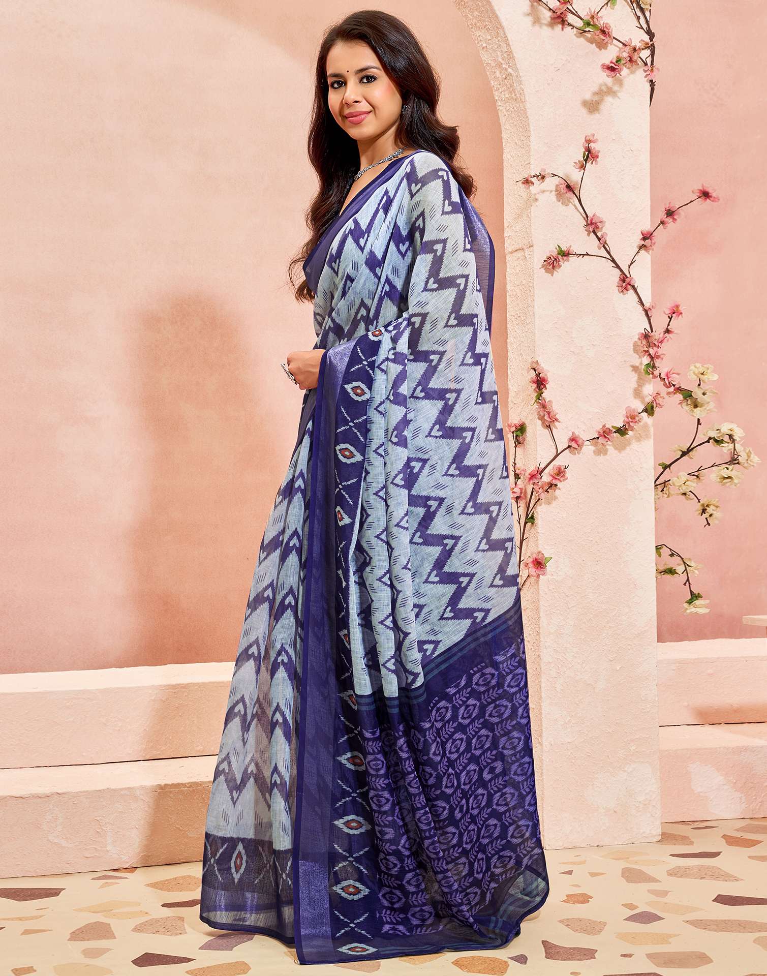 Off White Linen Printed Saree