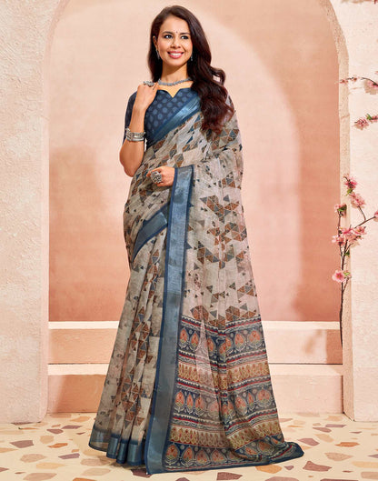 Dusty Beige Linen Printed Saree