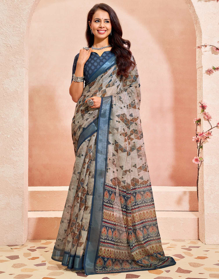 Dusty Beige Linen Printed Saree