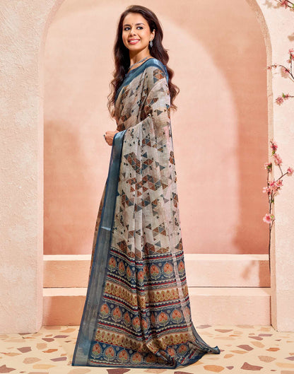 Dusty Beige Linen Printed Saree