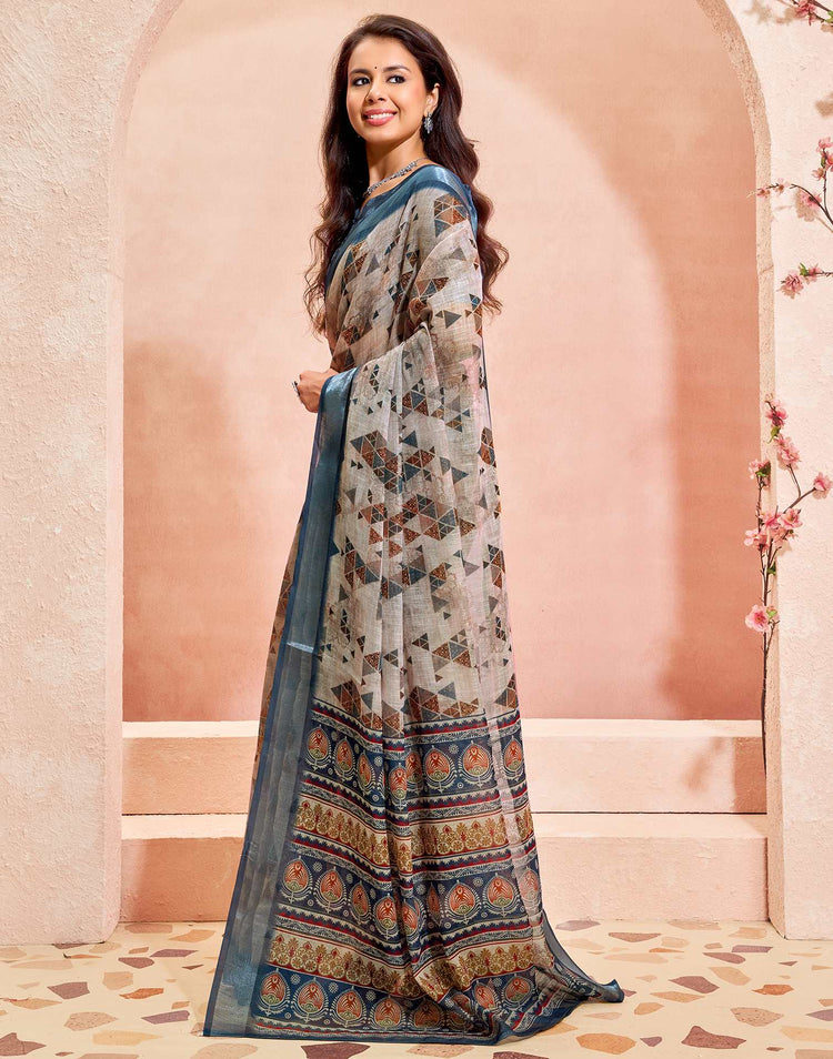 Dusty Beige Linen Printed Saree
