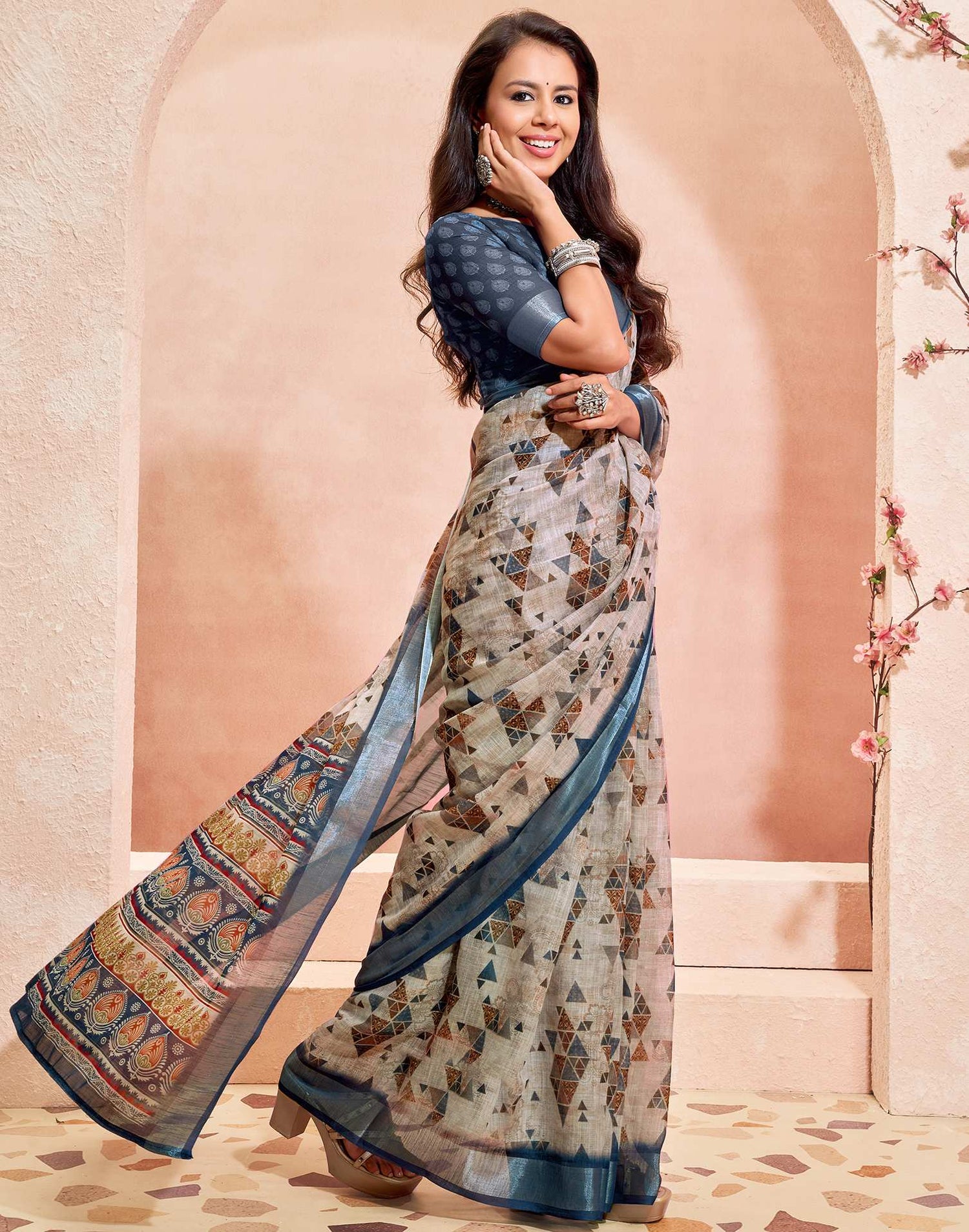Dusty Beige Linen Printed Saree