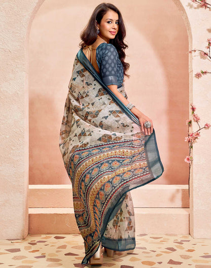 Dusty Beige Linen Printed Saree