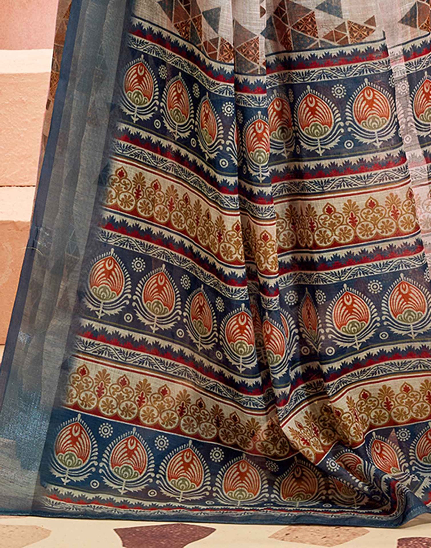 Dusty Beige Linen Printed Saree