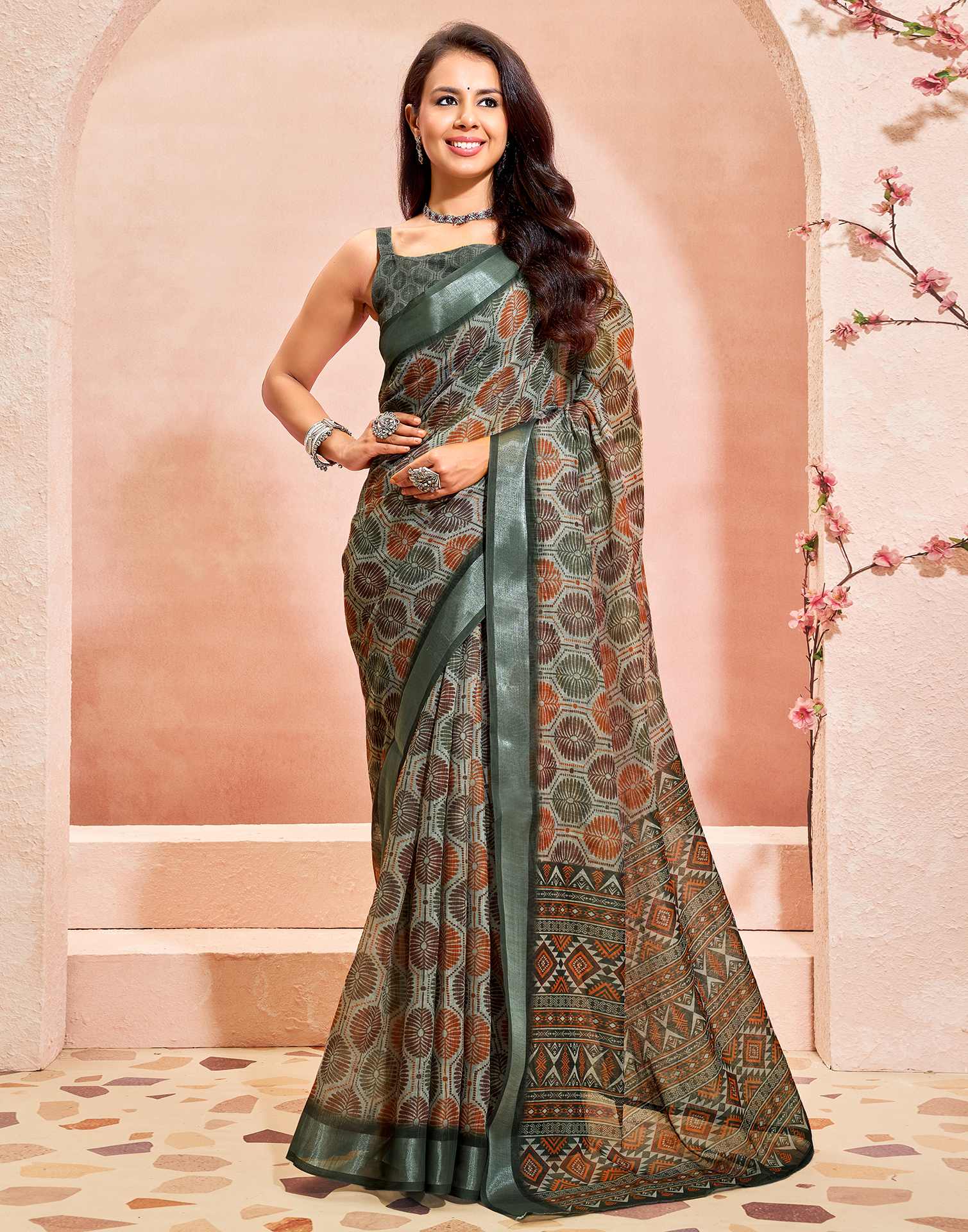 Khaki Linen Printed Saree