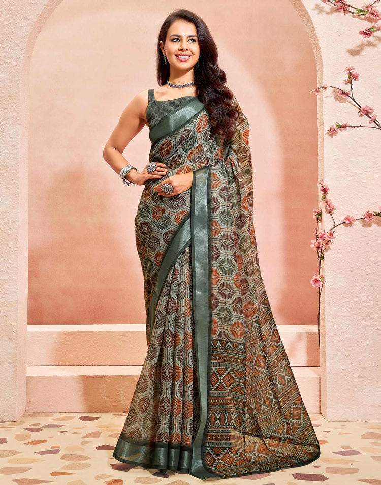 Khaki Linen Printed Saree
