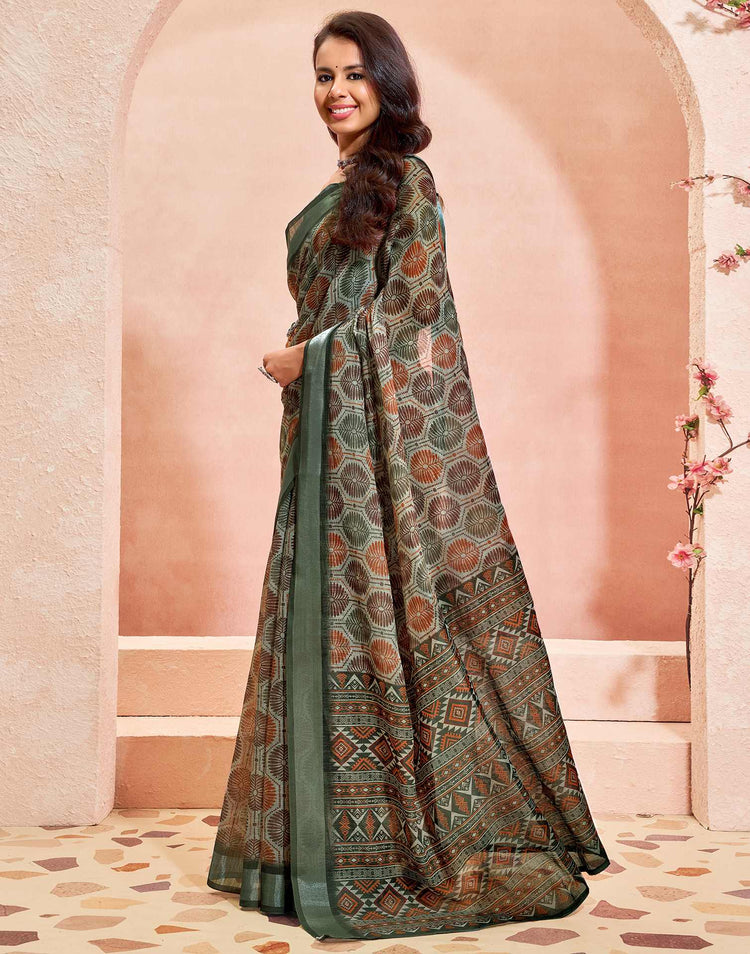 Khaki Linen Printed Saree