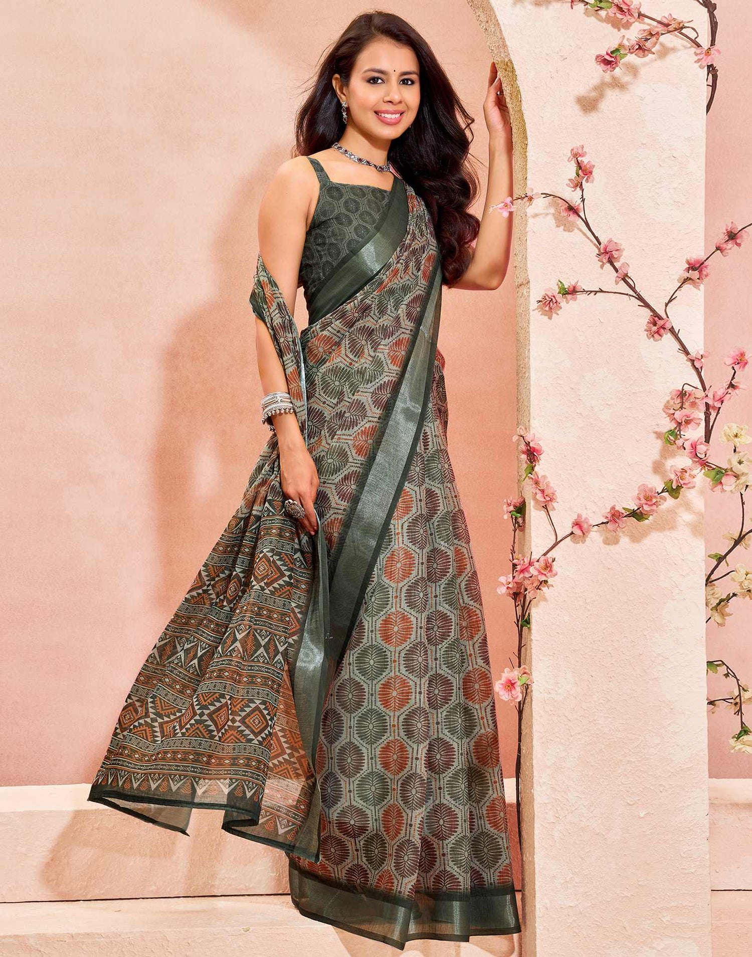 Khaki Linen Printed Saree