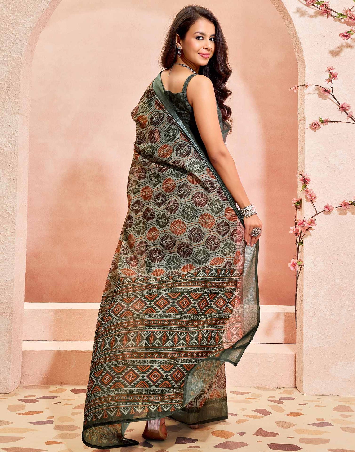 Khaki Linen Printed Saree