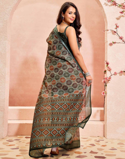 Khaki Linen Printed Saree