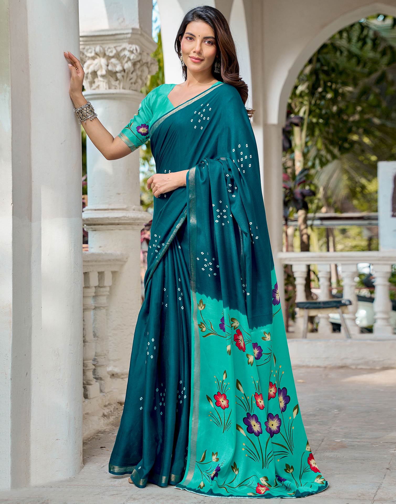 Rama Blue Silk Printed Bandhani Saree