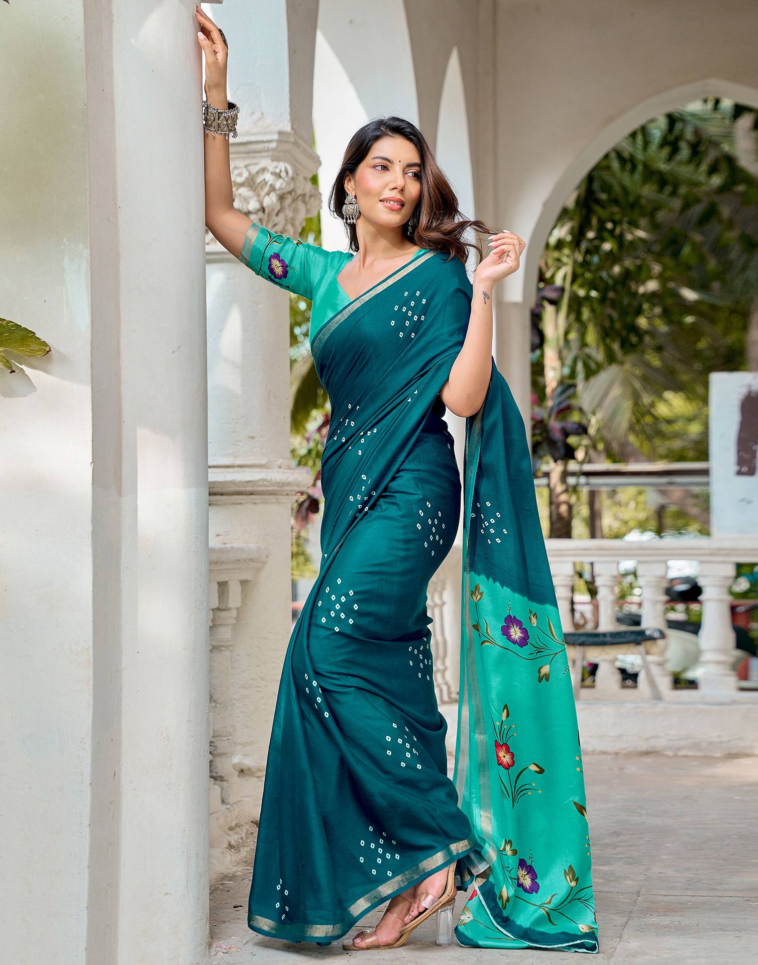 Rama Blue Silk Printed Bandhani Saree