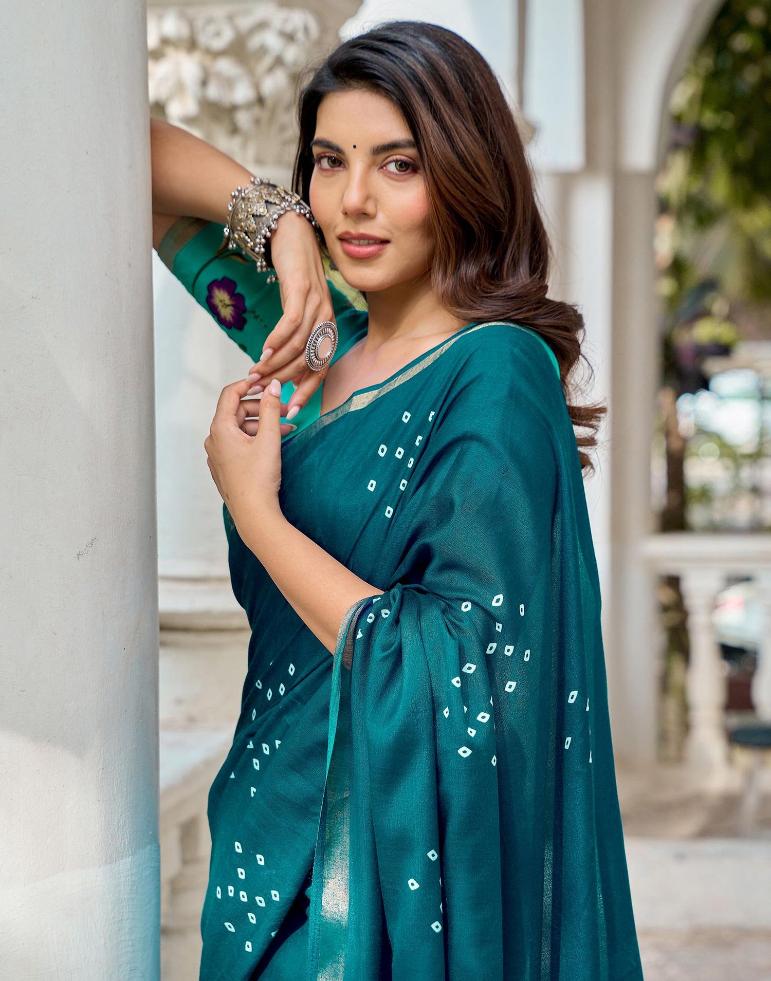 Rama Blue Silk Printed Bandhani Saree