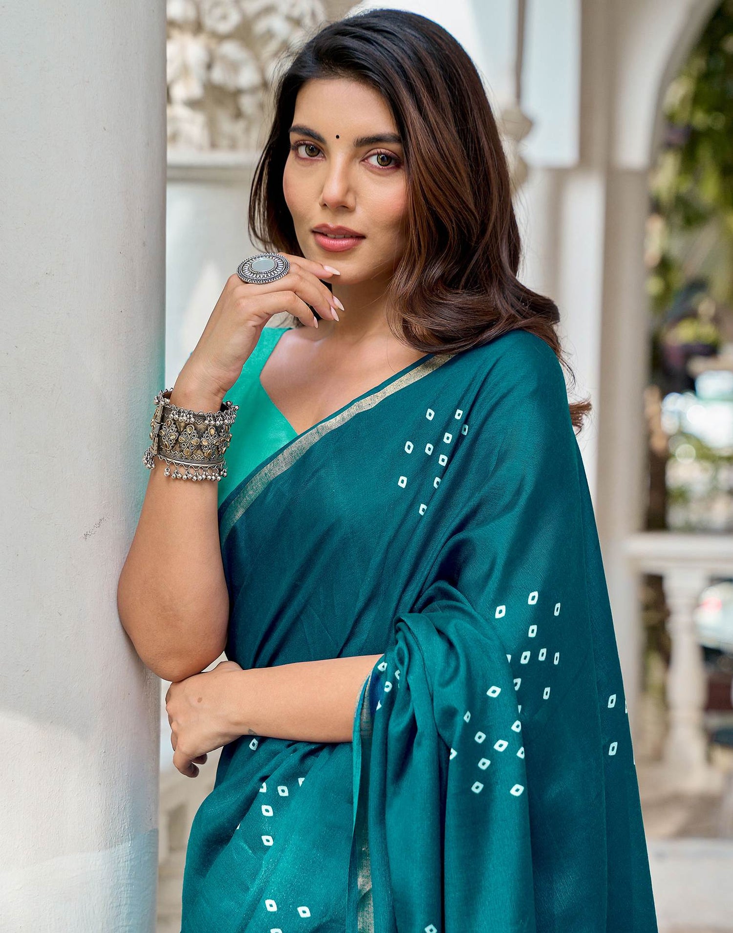 Rama Blue Silk Printed Bandhani Saree