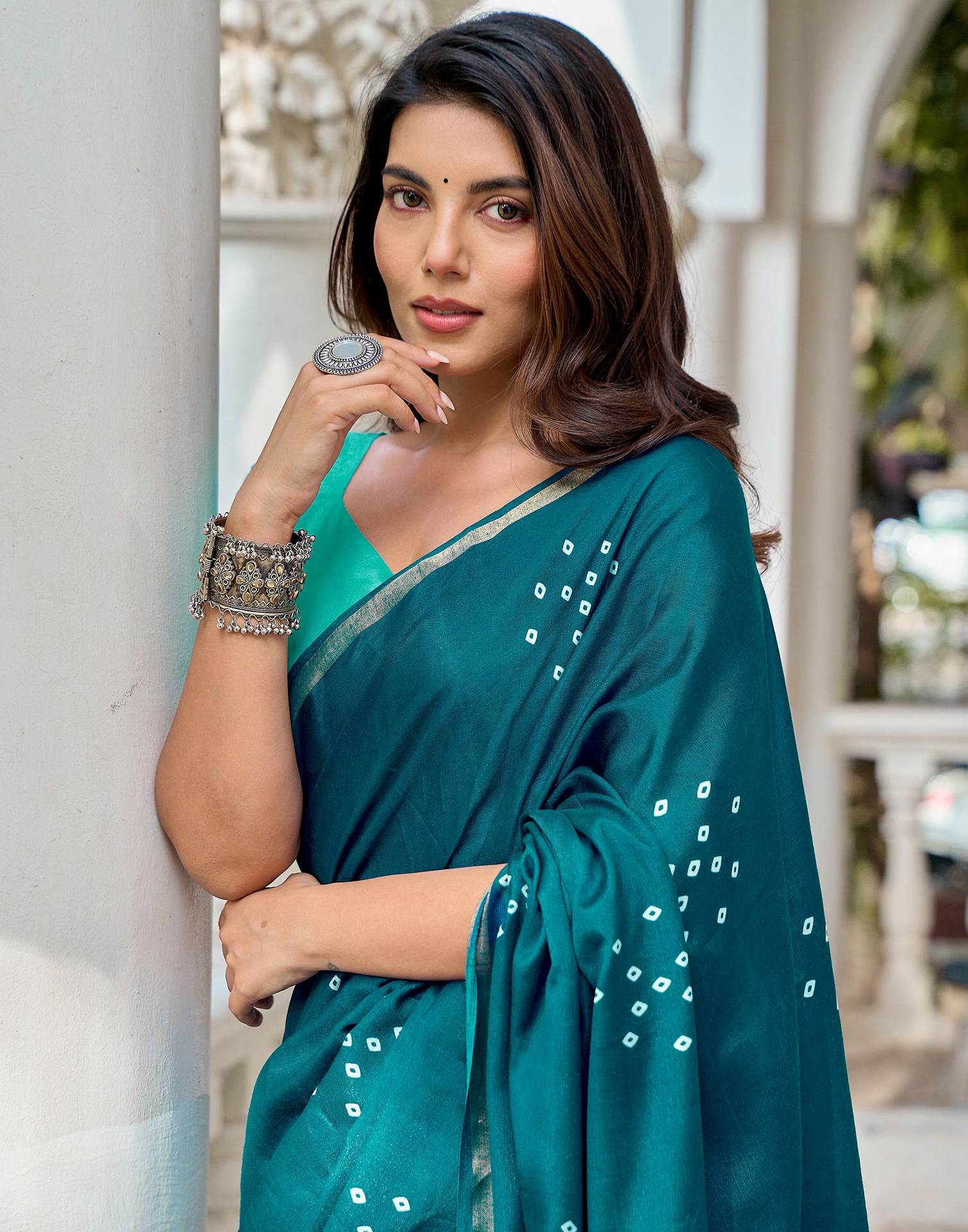 Rama Blue Silk Printed Bandhani Saree