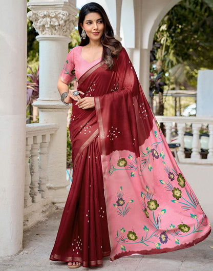 Dark Maroon Silk Printed Bandhani Saree