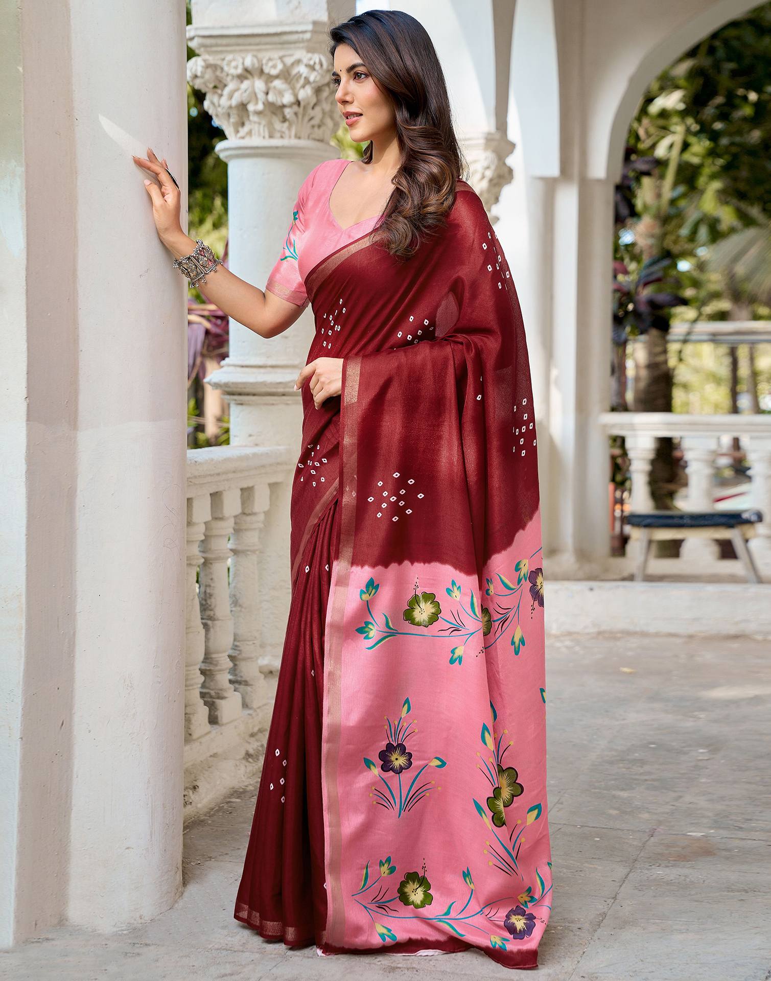 Dark Maroon Silk Printed Bandhani Saree