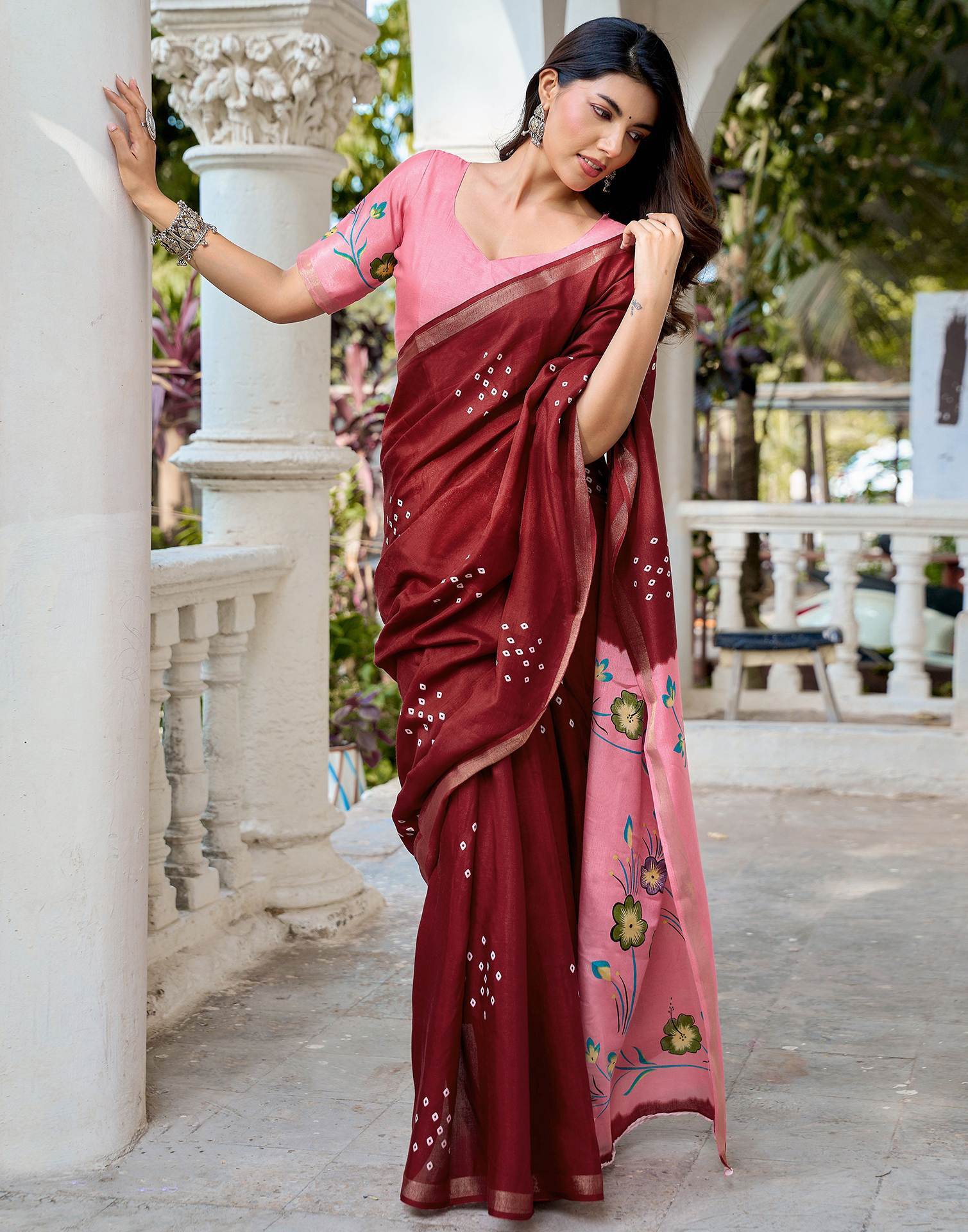 Dark Maroon Silk Printed Bandhani Saree