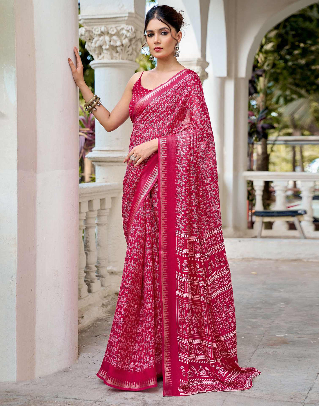 Rani Pink Georgette Warli Printed Saree