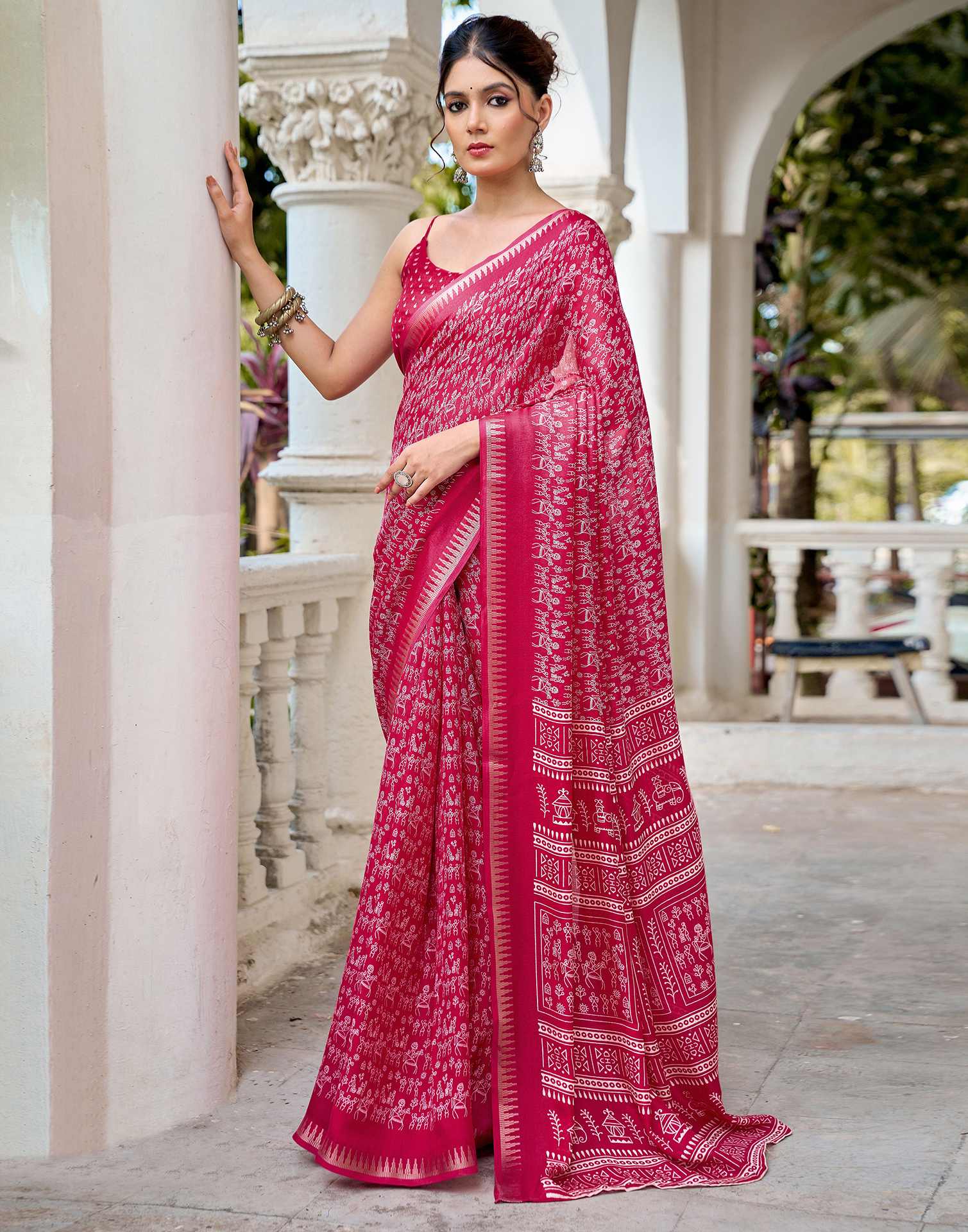 Rani Pink Georgette Warli Printed Saree