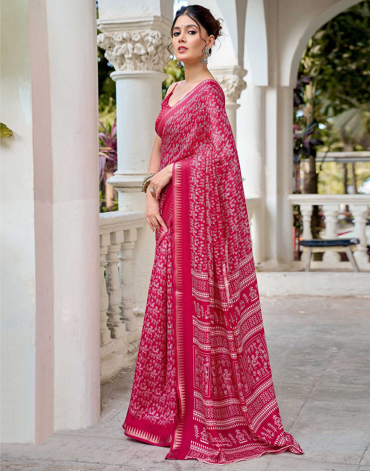Rani Pink Georgette Warli Printed Saree