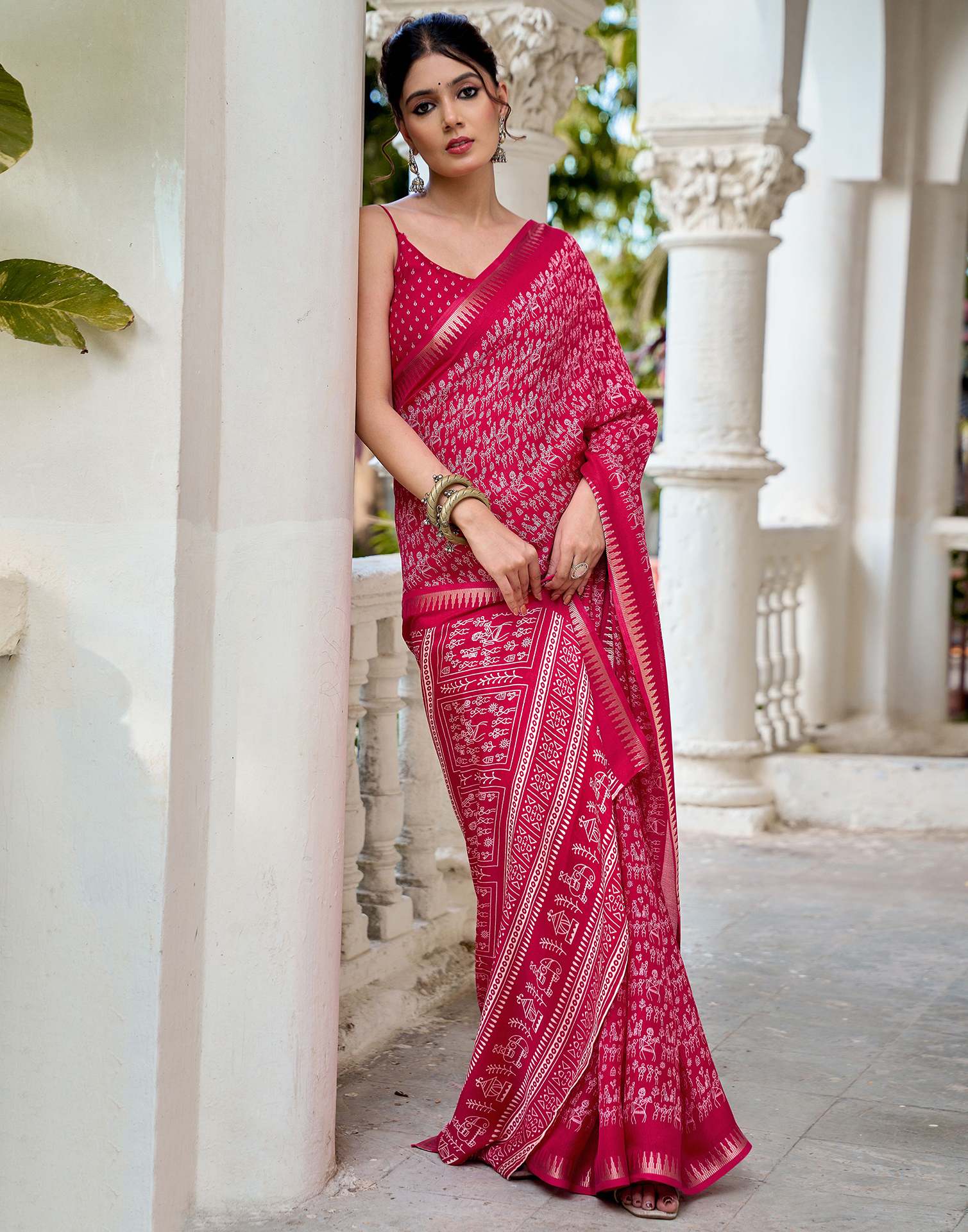 Rani Pink Georgette Warli Printed Saree