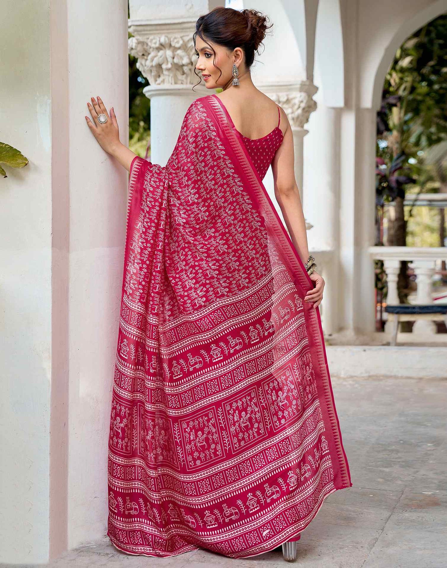 Rani Pink Georgette Warli Printed Saree